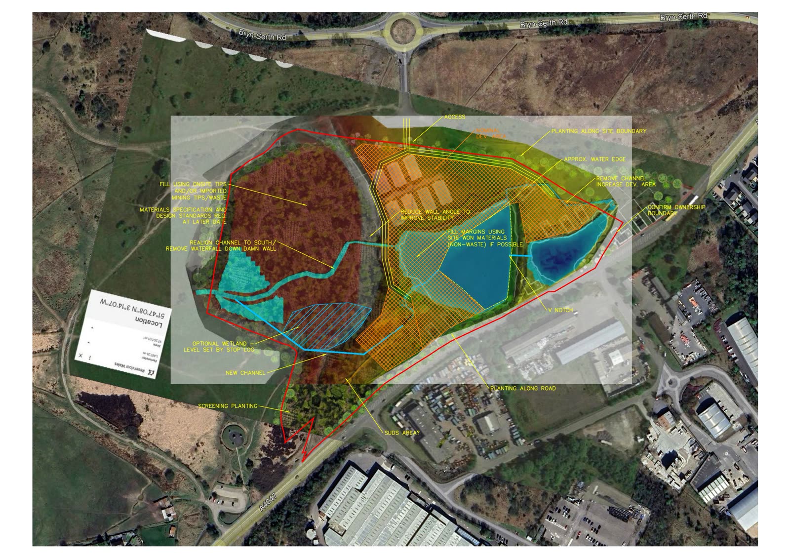 Engineering schematic showing reservoir infill strategy, channel realignment, and phased landform restoration at Waun-Y-Pound