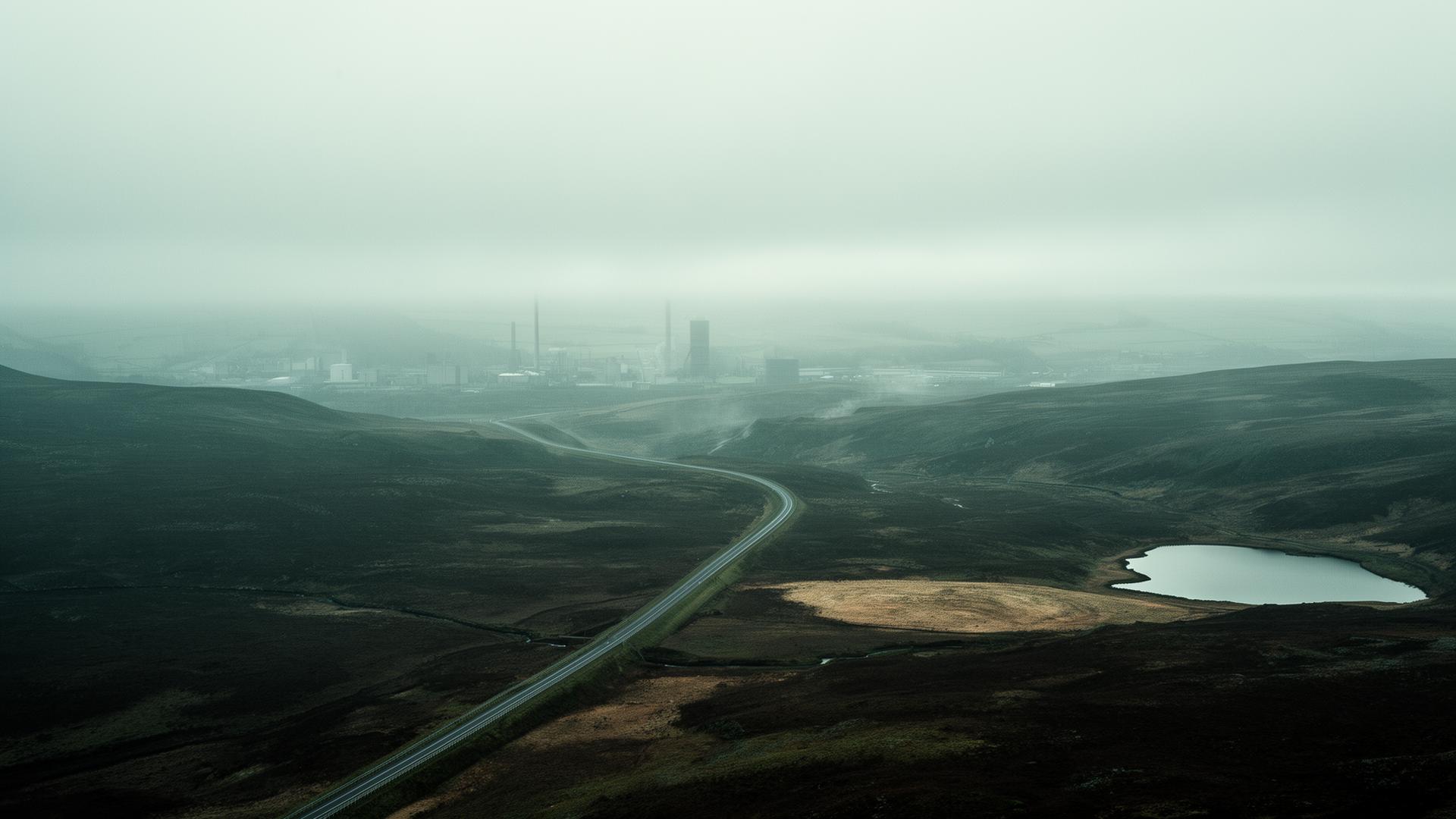 Aerial view of South Wales valley with industrial infrastructure in muted daylight